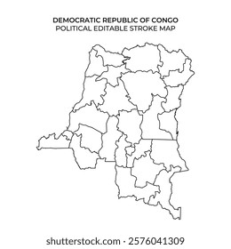 This map outlines the political boundaries of the Democratic Republic of Congo, showing different regions and provinces in a simple, editable format for educational or design purposes.