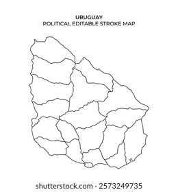 This map outlines the political divisions of Uruguay, illustrating various departments and their boundaries in a clear, editable format suitable for educational or design purposes.