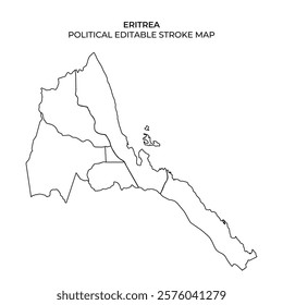 This map outlines the political divisions of Eritrea, showcasing distinct regional boundaries and geographical features for educational purposes. It serves as a template for further editing.