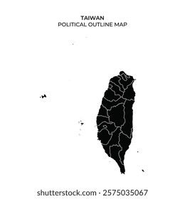 This map showcases the political outline of Taiwan, highlighting its geographic divisions. The black design emphasizes the unique shape and regions of the island.