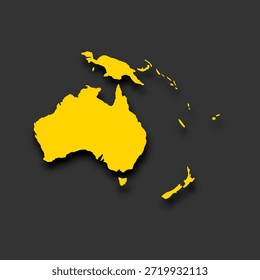 Este es un mapa de la silueta de Australia y las islas circundantes en Oceanía. El foco está en los contornos de las masas terrestres en un color amarillo contra un fondo oscuro.