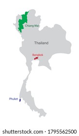 This is a map of Thailand. Bangkok is the capital.There are tourist provinces that foreigners visit, namely Chiang mai and Phuket.