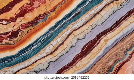 This marble image features a close-up view of layered stone with bold, diagonal stripes of various colors, including orange, blue, purple, and red, creating a textured and vibrant pattern.