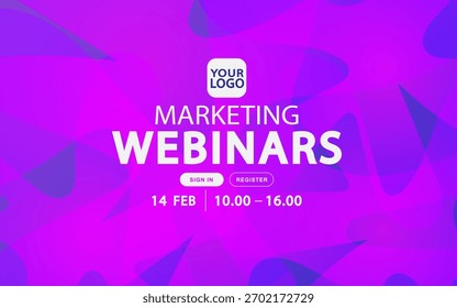 This marketing webinar banner features a professional abstract purple background for a corporate event. The digital geometric shapes create a modern ui design for a business presentation or conference