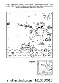 This is math and literacy reinforcement worksheet for little students with letter F dot-to-dot activity and pictures which names start with this letter of English alphabet (frog, fish). 