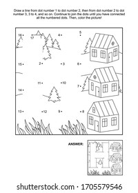 This is math and literacy reinforcement worksheet for little students with letter H dot-to-dot activity and picture which name starts with this letter of English alphabet (houses). Answer included.