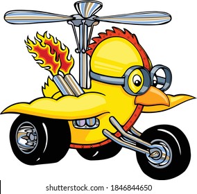 This mechanical chicken hot rod is going to take first place in the drag race. This design features a chicken in the shape of a hot rod with a propeller.