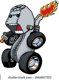 This mechanical hot rod infant is having a melt down.  This design features a mechanical infant in the shape of a hot rod. 