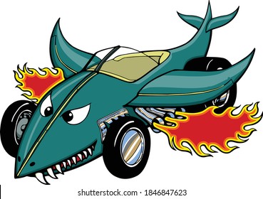 This mechanical shark speed boat is on the prowl.  This design features a mechanical shark in the shape of a speed boat. 