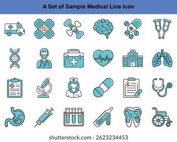This medical icon collection features a detailed set of symbols representing healthcare, medicine, and the human body, including an ambulance, brain, pills, DNA, lungs, and first aid equipment.