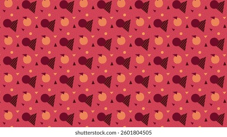 This memphis and bold pattern features playful shapes like circles and triangles in rich maroon and yellow against a warm pink background, creating a fun and dynamic design perfect for vibrant decor.