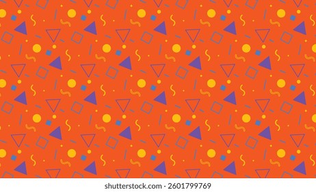This memphis pattern features a lively assortment of geometric shapes, including vibrant triangles, circles, and squares, set against a bold orange background.