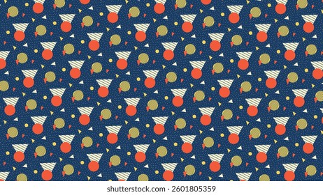 This memphis pattern showcases playful shapes like circles and stripes in bright coral, yellow, and cream against a deep navy background, creating a bold and dynamic design ideal for lively decor.