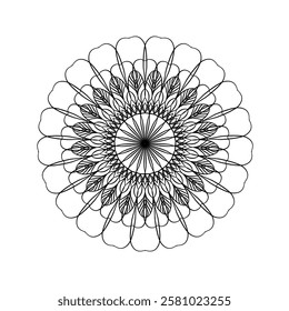 This mesmerizing mandala design features intricate, symmetrical floral patterns, perfect for coloring or tattoo art. Its detailed line work promotes relaxation, mindfulness, and artistic creativity. A