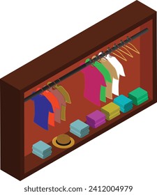 Esta meticulosamente organizada ilustración de un armario isométrico muestra ropas colgadas cuidadosamente en perchas y dobladas en estanterías, lo que da una sensación de calma y orden.