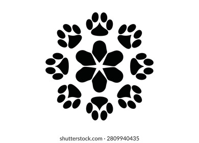 This minimal black vector graphic features a beautiful circular mandala pattern created from stylized dog or cat paw prints. The central flower design is surrounded by symmetrical animal tracks on a plain white background making it perfect for creative pet branding.