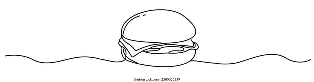 In this minimal design where the hamburger is simply drawn with a single line, an eye-catching visual is created on a white background.