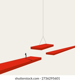 This minimal illustration shows a female professional building a red bridge across a gap. The vector concept is a symbol for finding a business solution and overcoming a difficult challenge.