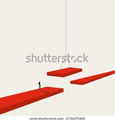 This minimal illustration shows a female professional building a red bridge across a gap. The vector concept is a symbol for finding a business solution and overcoming a difficult challenge.