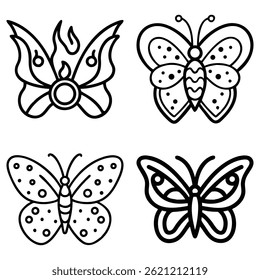 This minimal image features four distinct butterfly icons in a simple black outline. Each butterfly presents a unique pattern and design, set against a clean white backdrop.