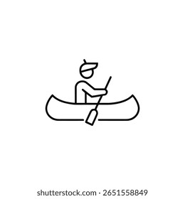 Esta arte de linha mínima exibe uma pessoa de canoagem usando um boné, usando uma pá para impulsionar sua canoa para a frente, definido contra um pano de fundo transparente.