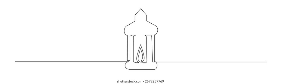 This minimal one line drawing features a lantern, perfect for Ramadan themes. Simple vector style ideal for web design or holiday cards.
