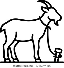This minimal outline vector icon features a goat tied with a rope, representing livestock handling and preparation. It is highly relevant for Eid al Adha themes, symbolizing the process of qurbani preparation before animal sacrifice. The icon reflects traditional practices of animal control and care in rural and agricultural settings. Ideal for use in Islamic campaigns, educational content, livestock management visuals, and farm-related designs. The clean and modern line style makes it suitable for mobile apps, websites, and infographics.