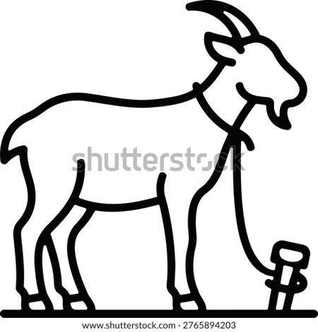 This minimal outline vector icon features a goat tied with a rope, representing livestock handling and preparation. It is highly relevant for Eid al Adha themes, symbolizing the process of qurbani preparation before animal sacrifice. The icon reflects traditional practices of animal control and care in rural and agricultural settings. Ideal for use in Islamic campaigns, educational content, livestock management visuals, and farm-related designs. The clean and modern line style makes it suitable for mobile apps, websites, and infographics.