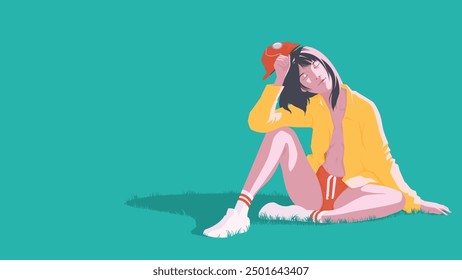 This minimal style illustration of a young woman sitting on the grass, leaning slightly back with one hand holding her red cap. She appears relaxed and content, enjoying a peaceful moment outdoors.