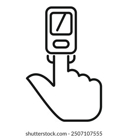 Esta Ilustración vectorial mínima representa una mano que usa un medidor de glucosa en la sangre, que simboliza el manejo de la diabetes y la tecnología de atención médica