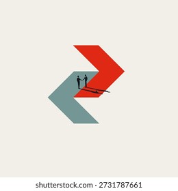 This minimal vector illustration features a businessman handshake on large arrows, symbolizing a successful business negotiation and merger deal. It represents a professional concept of acquisition.