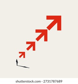 This minimal vector illustration features a businessman watching rising red arrows, representing a business growth strategy concept for professional success and a future plan.