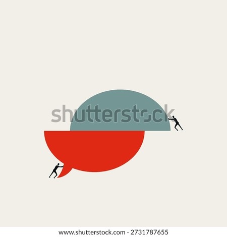 This minimal vector illustration features a businessman with a large speech bubble, representing a business communication concept, teamwork, and conversation during a professional speech.
