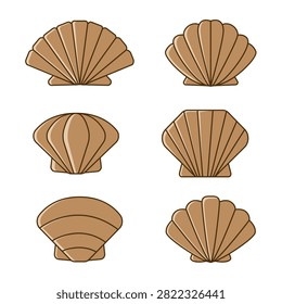 This minimal vector illustration showcases a set of six stylized seashell icons isolated on a solid white background. Rendered in a warm brown color palette with clean, dark outlines, each scallop and clam shell design presents a distinct geometric variation of classic ribbed patterns and rounded symmetrical contours. Perfect for coastal resort branding, summer beach party invitations, nautical web design elements, or marine biology educational materials, this vector asset beautifully captures the relaxed, natural aesthetic of ocean treasures found along the shore.#SeaShells #BeachVibes #NauticalDesign #VectorIcons #MarineLife #OceanTreasures #ScallopShell #SummerAesthetic #GraphicDesignAsset #CoastalStyle
