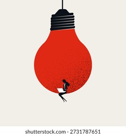 This minimal vector illustration shows a woman content creator brainstorming a new business idea on her laptop, a concept symbol for creativity and writer inspiration.