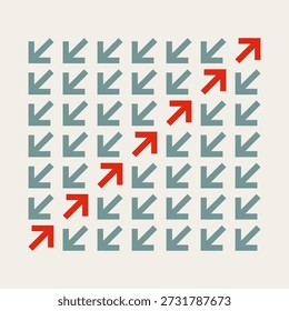 Esta ilustração vetorial mínima mostra um empresário individual indo contra o fluxo de setas. É um símbolo de liderança e um conceito de escolher uma direção única nos negócios.