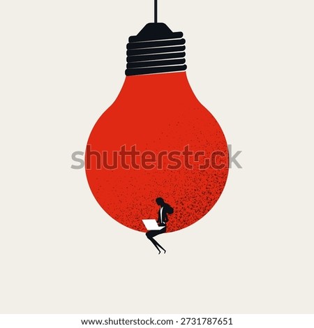 This minimal vector illustration shows a woman content creator brainstorming a new business idea on her laptop, a concept symbol for creativity and writer inspiration.