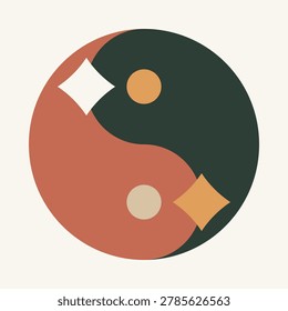 This minimalist abstract graphic features a stylized yin yang symbol rendered in contemporary earth tones including terracotta and dark green. The design incorporates geometric celestial motifs like moons and stars, creating a balanced and harmonious composition. Ideal for modern home decor, boho branding, and metaphysical or spiritual themed creative projects.