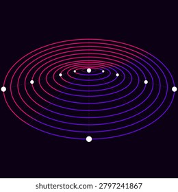 This minimalist abstract illustration features concentric oval paths with a vibrant pink to purple gradient. Glowing white spheres are positioned along different orbits around a central focal point. The design symbolizes concepts like data flow, physics, gravity, or celestial mechanics against a deep black backdrop creating a modern scientific aesthetic.