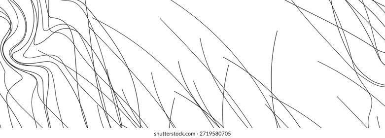 This minimalist abstract image features a striking composition of delicate black lines, including both smooth, organic curves and sharp, straight strokes, set against a pristine white backdrop,