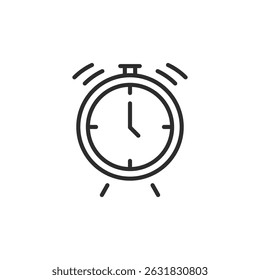 This minimalist alarm clock icon features distinct bells, a clean circular face, and precisely designed hour and minute hands, ideal for time management and scheduling applications