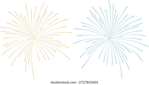 Dies ist eine minimalistische künstlerische Vektorgrafik mit zwei stilisierten Feuerwerken, die auf sauberem, weißem Hintergrund platzen. Eine abstrakte Explosion wird in warmen Goldtönen wiedergegeben, während die andere kühle türkisblaue Linien zeigt, die Dualität und Feier symbolisieren. Die schlichte Linienkunst fängt die Energie der Pyrotechnik ohne große Detaillierungen ein und ist damit perfekt für moderne Urlaubsgrafiken, festliche Ankündigungen oder dekorative Akzente. Die saubere Präsentation betont die kontrastierenden Farben und dynamischen Strahlmuster, die von zentralen Punkten ausgehen und bietet ein leichtes, festliches visuelles Element, das sich ideal für verschiedene digitale und gedruckte Projekte eignet, die eine energetische Note benötigen.