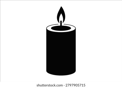 This minimalist black candle vector illustration displays a single burning flame on a clean white background. The simple design captures the essence of light and warmth making it ideal for spiritual concepts or decorative graphic design projects.