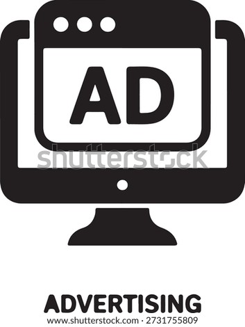 This minimalist black icon illustrates a computer monitor with "AD" on screen, symbolizing digital advertising campaigns and marketing.