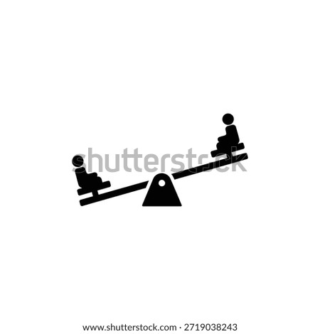 This minimalist black icon on a white background depicts a seesaw, also known as a teeter-totter. Two stylized figures, represented by simple silhouettes, are seated on opposite ends of the seesaw plank. The plank is tilted, with one side positioned lower than the other, suggesting dynamic movement or an imbalance in weight between the two figures. The design is clean and simple, making it suitable for use as a pictogram for playgrounds, children's activities, or concepts like balance and counterweight.
