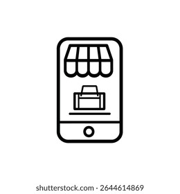This minimalist black line drawing on a transparent backdrop highlights a smartphone presenting a shopping bag icon beneath an awning. It symbolizes mobile and digital commerce.