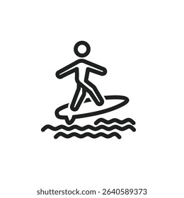 This is a minimalist black line icon of a person surfing on a surfboard over ocean waves. The stick-figure design depicts a simple and stylized representation of a surfer balancing on water