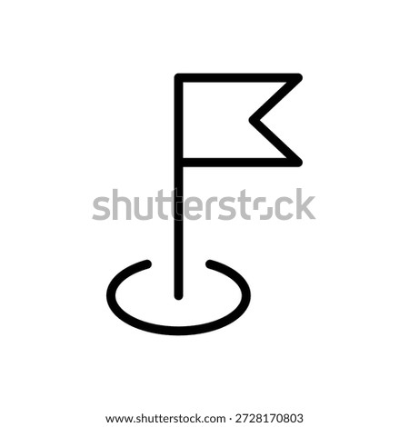 This minimalist black line icon on a pure white background depicts a flag, often recognized as a marker or a goal. The flag itself features a simple rectangular shape with a distinct triangular notch cut out from its right side, securely attached to a vertical flagpole. The flagpole extends downwards, terminating in a circular outline on the ground, which typically symbolizes a specific marked spot, a destination, or a hole, reminiscent of a golf hole. The overall design is clean, stark, and easily interpretable, making it highly versatile for use in user interfaces, digital maps, or any visual context requiring the representation of a landmark, achievement, starting point, or endpoint.