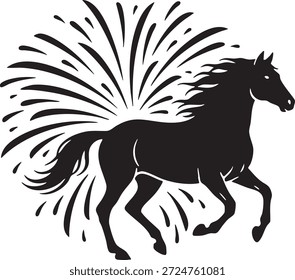 Esta silueta negra minimalista de un caballo al galope combinada con un estallido dinámico de fuegos artificiales ofrece una imagen poderosa para la marca. El estilo de Vector limpio y plano garantiza una alta escalabilidad para logotipos, prendas de vestir y diseño digital.