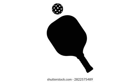 This minimalist black silhouette graphic depicts a standard pickleball paddle and a matching ball, representing the popular racket sport in a clear and easy to understand visual style.